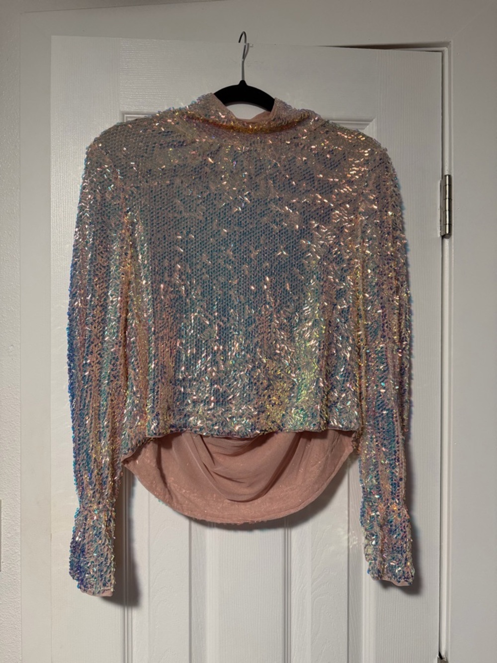 Free People Iridescent Sequin Long-Sleeve Mock Neck Top - Pink, Blue, Cream